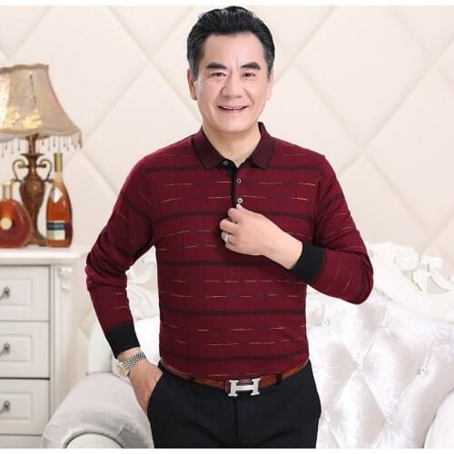 New autumn male turn-down collar knit shirt mens long sleeve striped sweater pullover jumpers father free shipping