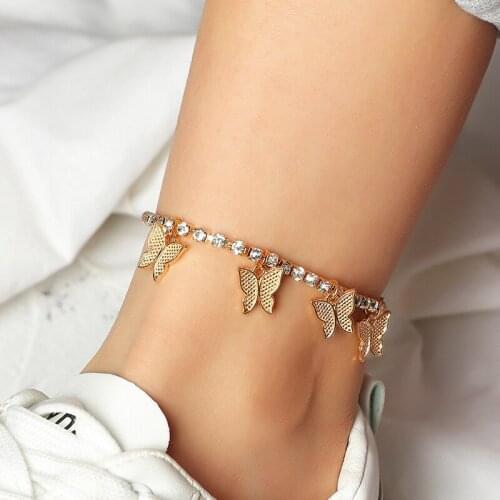 Butterfly Anklet Rhinestone Foot Chain Jewelry For Women Summer Beach Anklet Barefoot Crystal Chain