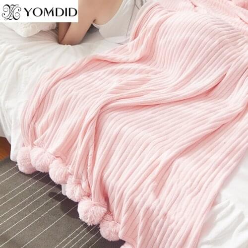 Solid Color With Ball Blanket For Beds Soft 100% Cotton Blankets Girl Bedding Warm and Cute Nap Bedspread 3 Sizes Avaliable