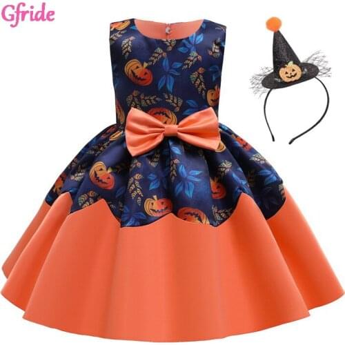 Girls Pumpkin Party Print Dress With Headband Halloween Sleeveless O Neck Vintage Toddler Kids Casual Cartoon Party Dresses