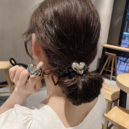 Retro Metal Heart Elastic Hair Band Hair Bows Women Ponytail Head Rope Hair Tie Korean Exquisite Girl Hair Accessories Wholesale