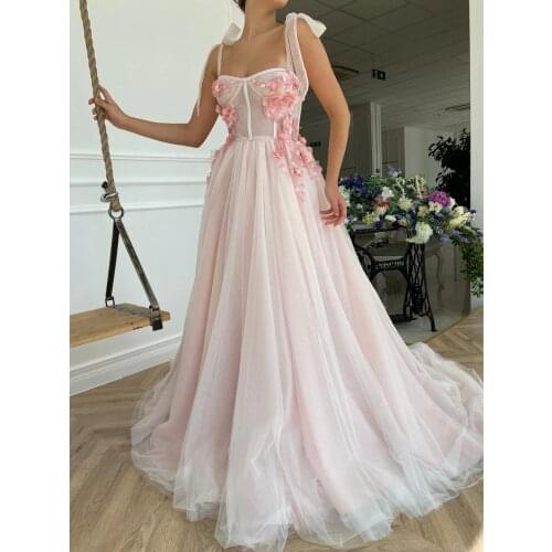 Light Pink Tulle Flowers Prom Dress 2021 A Line Spaghetti Straps Evening Formal Party Gowns Robe De Soiree