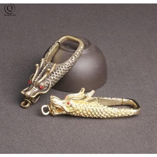 Vintage Brass Keychain Pure Copper Beast Dragon Lucky Key Holder DIY Keyring Accessories Luxury Brand EDC Carabiner Tool Gifts