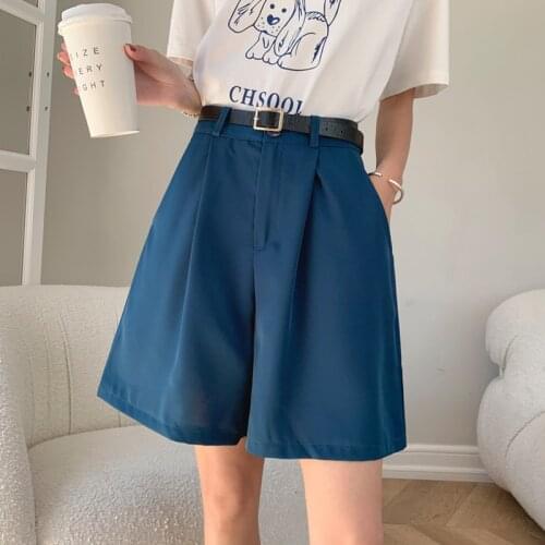 2021 Summer Ladies Knee Shorts Young Girls Casual Wide Leg Shorts Blue Baggy High Waisted Shorts Fashion Womens Beach Shorts
