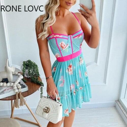 Women Spaghetti Strap Contrast Binding Floral Print Mini Dress Women Summer Dress 2021