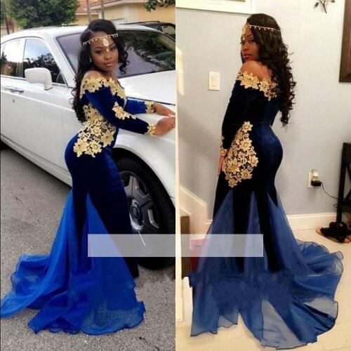 Royal Blue Elegant Evening Dresses Velour Mermaid Long Sleeves Gold Appliques Women Formal Prom Evening Gown robe de soiree