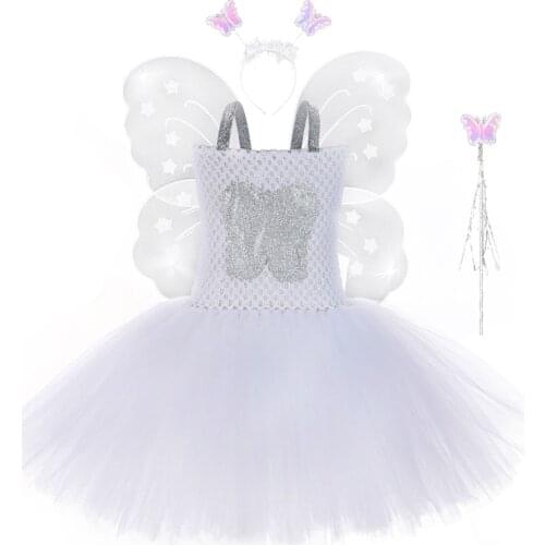 1 Set Tooth Fairy Tutu Dress with Wings Outfit White Children Kids Halloween Costumes Cute Tulle Girls Birthday Party Dresses
