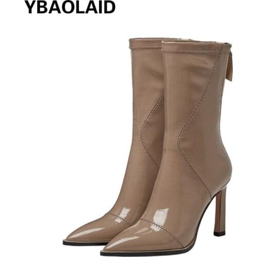 Pointed Patent Leather Mid-tube Boots Autumn New Style Cowhide Pointed Toe Stiletto Heel Zipper Fashion Fashion Single Boots