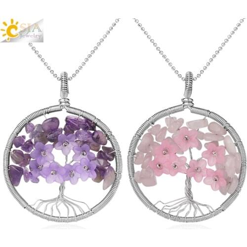CSJA Tree of Life Pendant Necklace Natural Stone Silver Color Wire Wrap Quartz Crystal Chip Bead Flower Reiki Jewelry Women G306