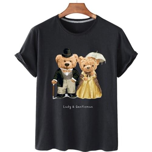100% Cotton Cute Gentleman Couple Bear Shirt Short Sleeve O-neck Loose T-shirt Female Plus Size T-shirt For Men And Women S-4XL
