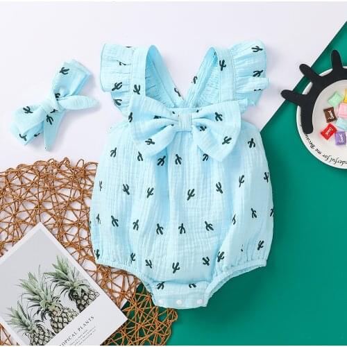 Baby Boys Girls Lovely Romper 2pcs Sets Cactus Sleeveless Print Jumpsuit with Ruffles + Headband Toddler Summer Clothings
