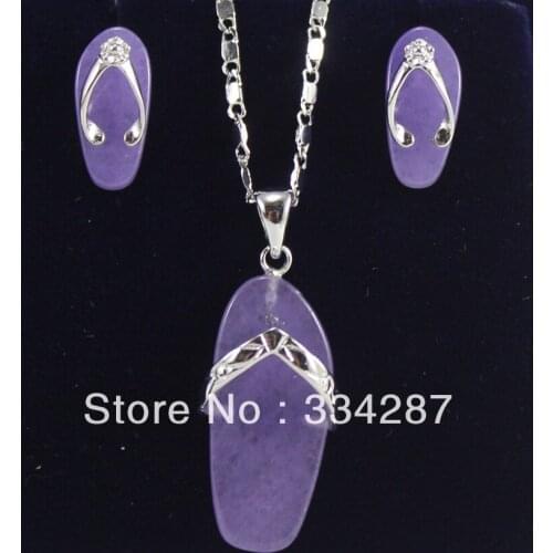 New Listed slippers-shaped Purple Jades Earring Pendant Chain Jewelry Set