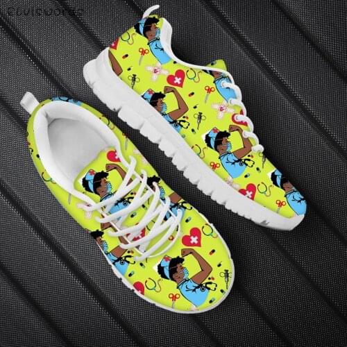 ELVISWORDS New Fashion Women Nurse Shoes Summer Comfort Flats Shoe Cartoon Nursing Medical Print Lace up Sneakers Walking Shoes