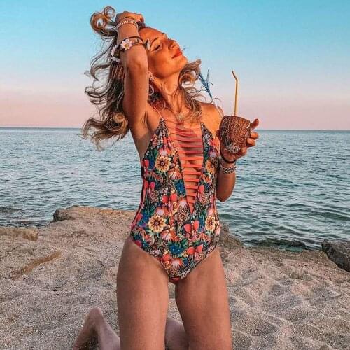 Flower Print Swim Suit Sexy One Piece Swimsuit Push Up Hollow out Swimwear Women Monokini Bathing Suit Deep V Summer Beach Wear