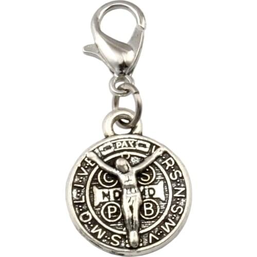 100pcs Zinc alloy Saint Jesus Benedict Nursia Patron Medal Cross Floating Lobster Clasps Charm Bead Fit Charm Bracelet DIY