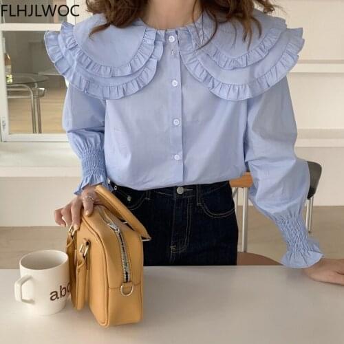 Cute Sweet Girls Basic Shirts Blouses Women Korean Preppy Style Ruffles Peter Pan Collar White Blue Cotton Tops Button Shirt
