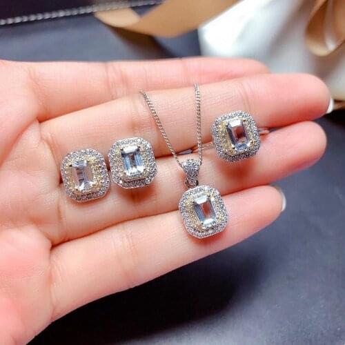 100% Natural Real Aquamarine Set 925 sterling silver 1pc Ring,2pcs Earring,1pc Pendant Engagement Best Gift