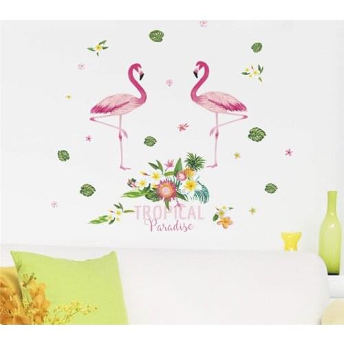 Flamingo With Flower Wall Stickers For Office Living Room Bedroom Home Decoration Safari Mural Art Tropical Birds Wall Decal