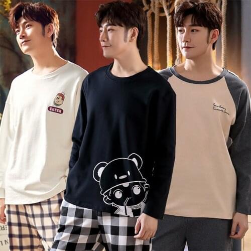 2020 Autumn Cotton Long Sleeve Pajama Set for Men Korean Cute Cartoon Sleepwear Suit Pyjama Male Nightwear Homewear Home Clothes
