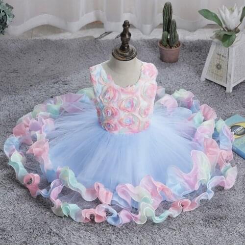 Princess Dresses Toddler Mesh Ball Gown Girls Sleeveless Color Block Three-Dimensional Flower Round Neck Bowknot Dress