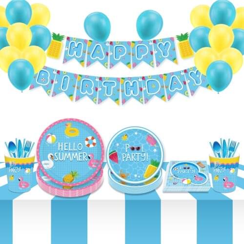 Swimming Pool Theme Party Decorations Disposable Tableware Sets Kids Happy Birthday Party Favors Baby Shower Party Supplies