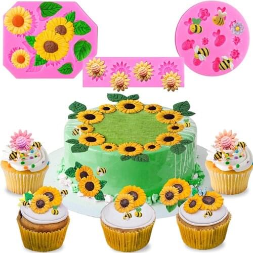 Sunflower Fondant Mold Bumble Bee Silicone Cake Molds Leaves Mold Baby Shower Birthday Cake Sugar Decorations silicone molds