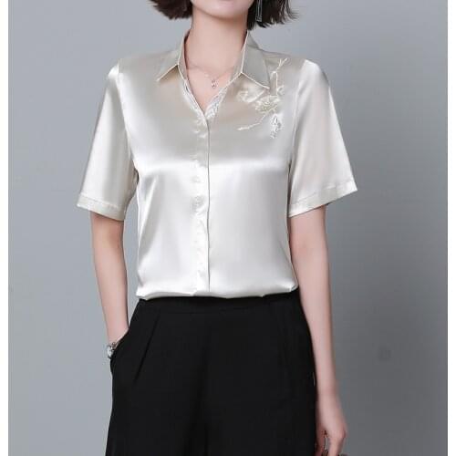 QOERLIN Pure Color Silk Shirt Womens Embroidered Short Sleeve 2021 Summer New OL Style Pink Blouse Female Big Size M-3XL Blusas