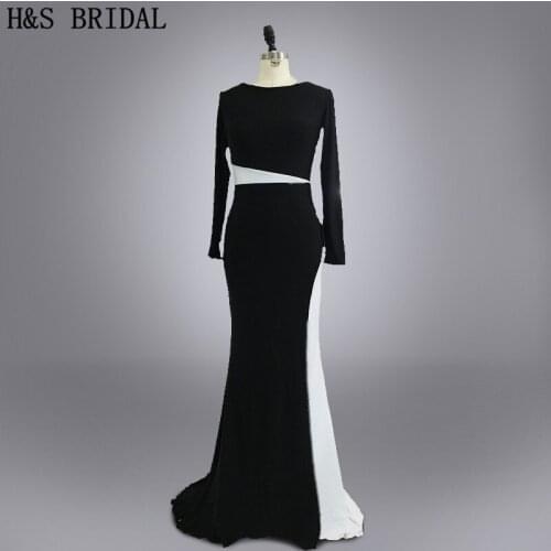 Real photo Custom made Vestidos Evening prom dress designer black and white long sleeves evening dresses