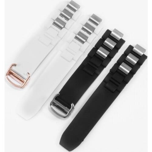 Soft Silicone watchband 20*10mm black white strap with folding buckle Replacement belt for CRW10198U2 mens watch accessories