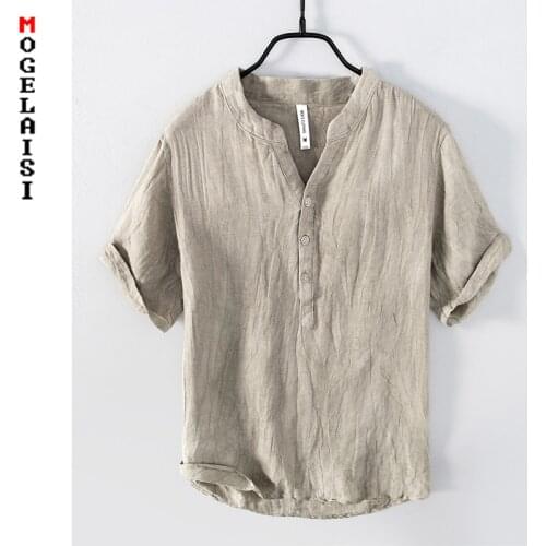 New summer shirt men solid 100% linen short sleeve shirt Breathable soft tops shirt for man clothing fashion khaki shirt 888