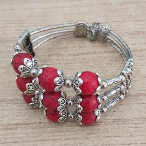 2Pcs Tibetan Silvers Vintage Bracelet Women Cuff Bracelet Red Turquoises gem Stone Round Beads Bangle Jewelry TZ255