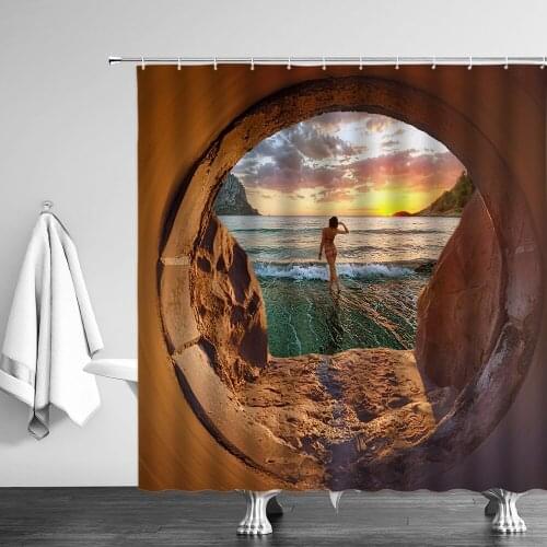 Beach Sexy Girl Shower Curtain Ship Fish Train Europe Chinese Architecture Bathroom Curtains Waterproof Bathtub Decor With Hooks