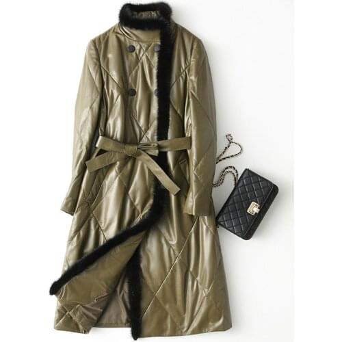 Women Winter Sheepskin Genuine Leather Jacket Real Mink Fur Collar Duck Down Long Coat Chaqueta Mujer X-150 YY544