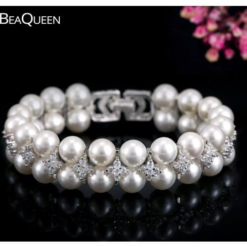 BeaQueen Noble Cubic Zirconia Paved Big Double Row Handmade Pearl Bracelets Bangles Bridal Wedding Dress Jewelry for Women B022