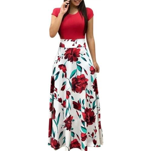 2019 Summer New Women Short Sleeve Slim Flower Casual Long Dress Vintage Floral Print Patchwork Long Dresses Vestidos