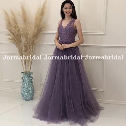 Romantic Flowing Tulle Prom Dresses Smoke Purple Backless A Line Long Evening Dress Party Gown 2021 Long Robe de princesse femme