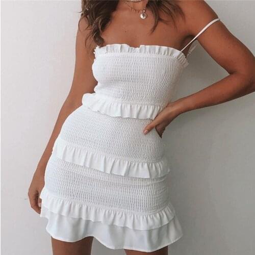 Women Summer Sleeveless Tight Dress Stretch Bodycon Slim Party Mini Dress Ladies Elegant Solid Color Ruffle Pencil Dress 2021