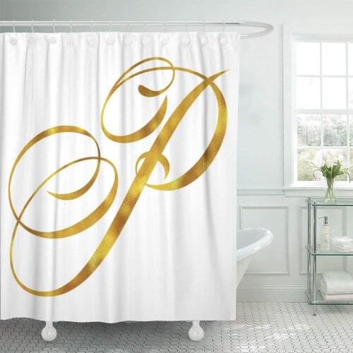 Letter Monogram P Initials Gold Script Faux Quote White Shower Curtain Waterproof Polyester Fabric 72 x 78 Inches with Hooks