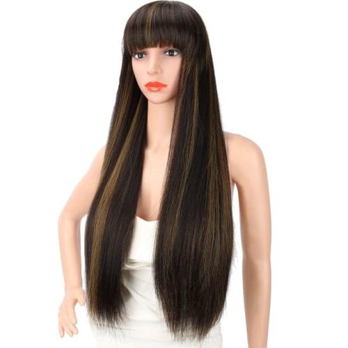 Boymia 28 inches WomenLong Silky Straight Black Brown Highlights Heat Resistant Smooth Yaki Synthetic Wig With Bangs Hair Replac