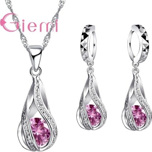 Elegant 8 Colors Cubic Zirconia Pendant Necklace 925 Sterling Silver Hoop Earring Necklaces Jewelry Set For Birthday Gift