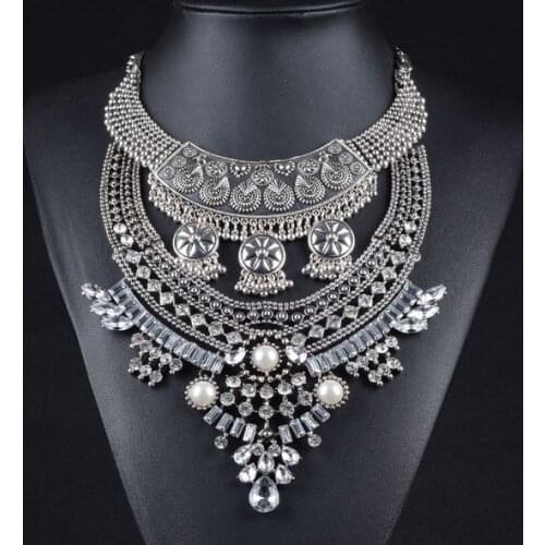 Ethnic Indian Chunky Statement Choker Necklace Silver Color Women Crystal Large Collar Choker Necklace Maxi Big Bib Jewelry
