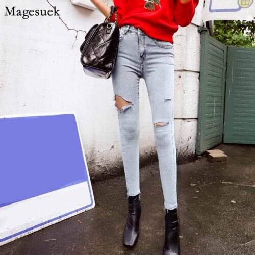 Fashion Vintage Skinny Blue Cotton Korean New Slim Cool Denim Trousers Hole Ripped Jeans Autumn High Waist Jeans Woman 10416