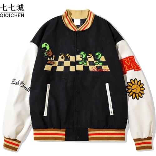 Hip Hop Baseball Jacket Men Furry Plant Zombie Embroidery Varsity Jacket Leather Sleeve Streetwear College Winter Bomber Coat