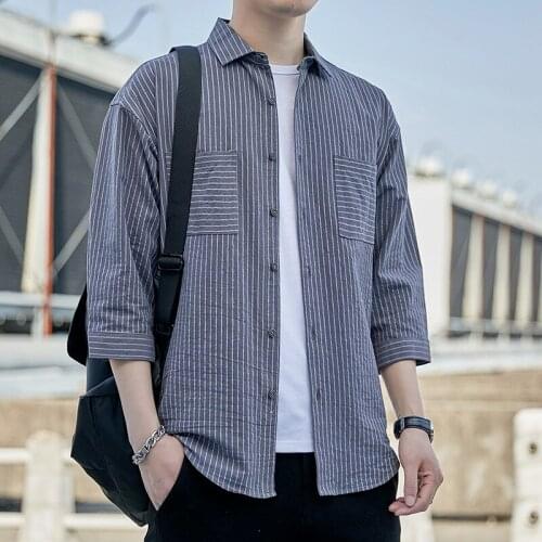 Short Shirts Men Summer Shirts Youth Loose Yellow White Black 2021 Fashion Three Quarter Casual Shirts Daily Striped Shirts Men