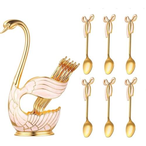 Metal Coffee Dessert Spoon Set Swan Base Holder with Forks & Spoons, for Coffee, Dessert,Stirring, Ice Cream, Cake, Teaspoon