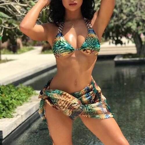 New Snake print bikini 2020 Women Bandeau swimsuit female Metal Chain String swimwear Brazilian Bikini set Halter bathing suit