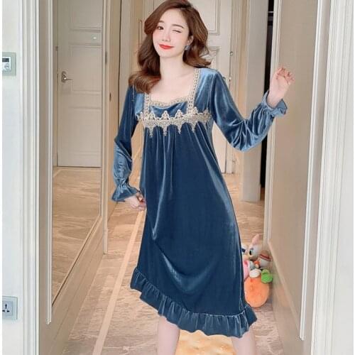 Autumn Winter Gold Velvet Pajamas Women Long-sleeve Nightdress Cute Sweet Princess Style Long Skirt Spring Sexy Home Service