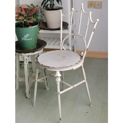 Handicraft retro round wooden white stool with metal back