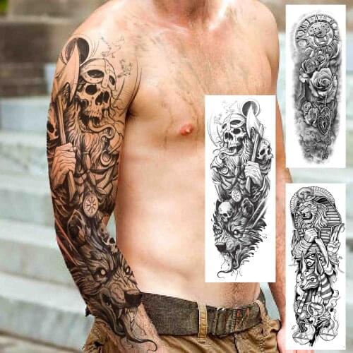 Cool Skull Temporary Tattoos Sleeves For Men Women Realistic Fake Wolf Axe Tattoo Sticker Black Full Arm Tatoo Extra Large Size