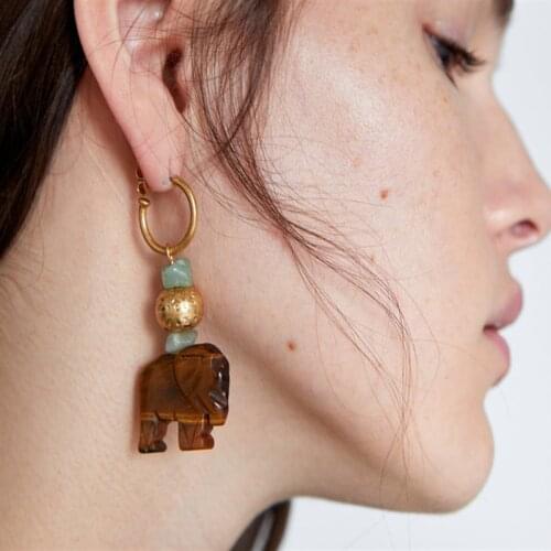 2020 New ZA Earring Womens Vintage Wooden Elephant Pendants Earrings Jewelry Faux Stone Splice Animal Dangle Earrings For Women